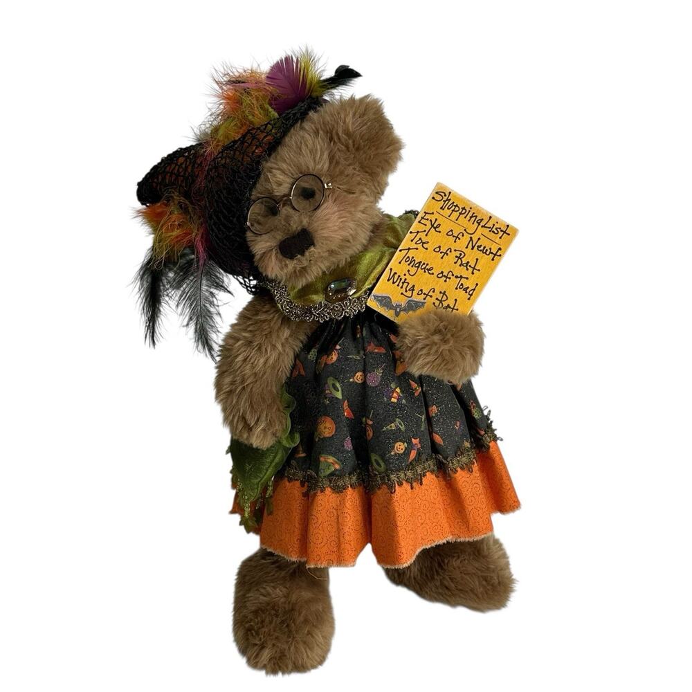 Vintage Halloween Witch Teddy Bear plush stuffed animal Feather Hat Glasses